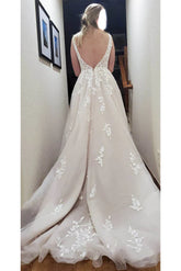 Charming Deep V-Neck Lace Applique Wedding Dress with Train